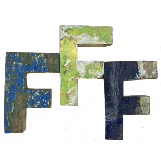 Wooden letter F made out of old fishing boats