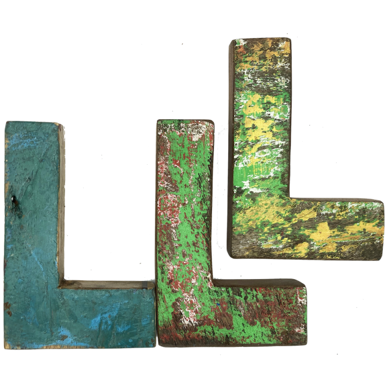 Wooden letter L made out of old fishing boat