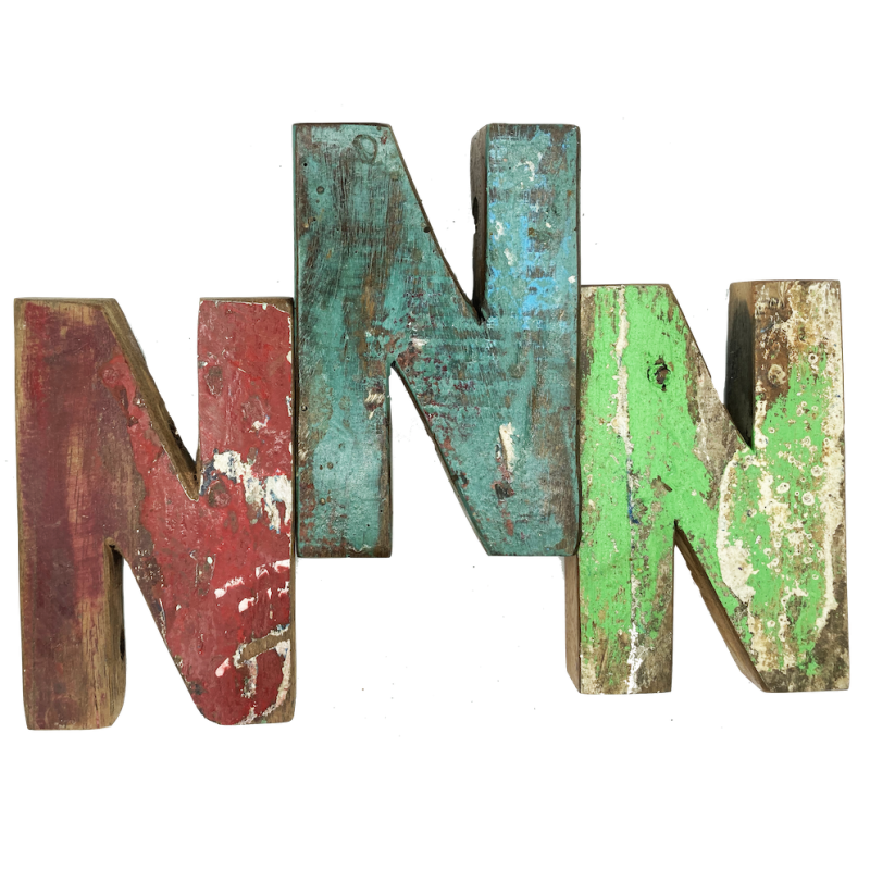 Wooden letter N made out of old fishing boats