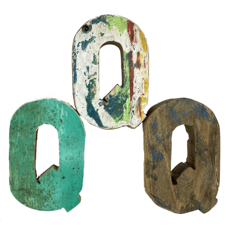 Wooden letter Q made from old fishing boats