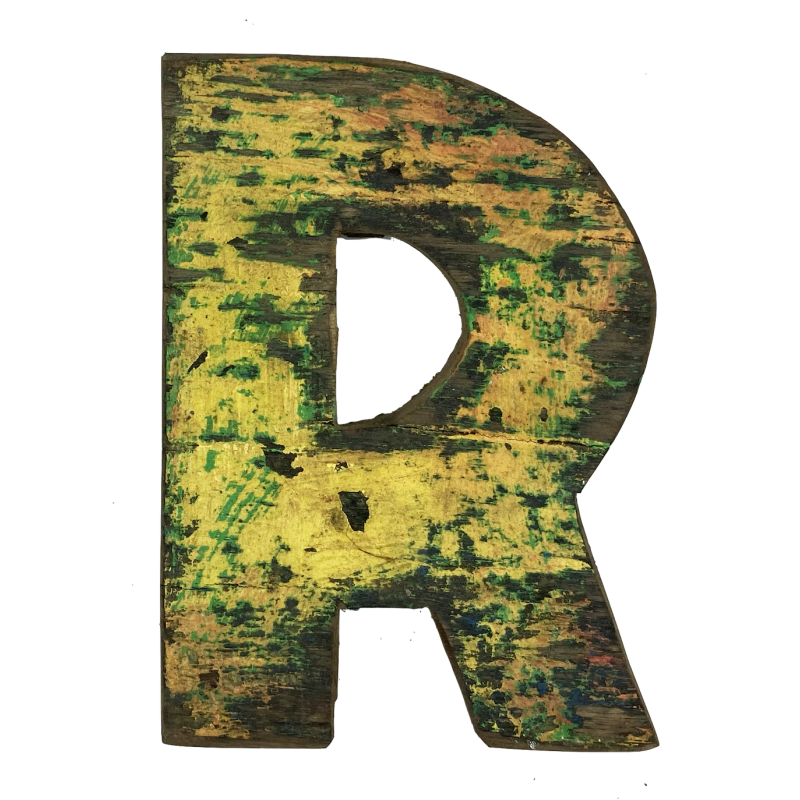 Wooden letter R made out of old fishing boat