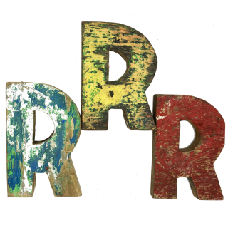 Wooden letter R made out of old fishing boat